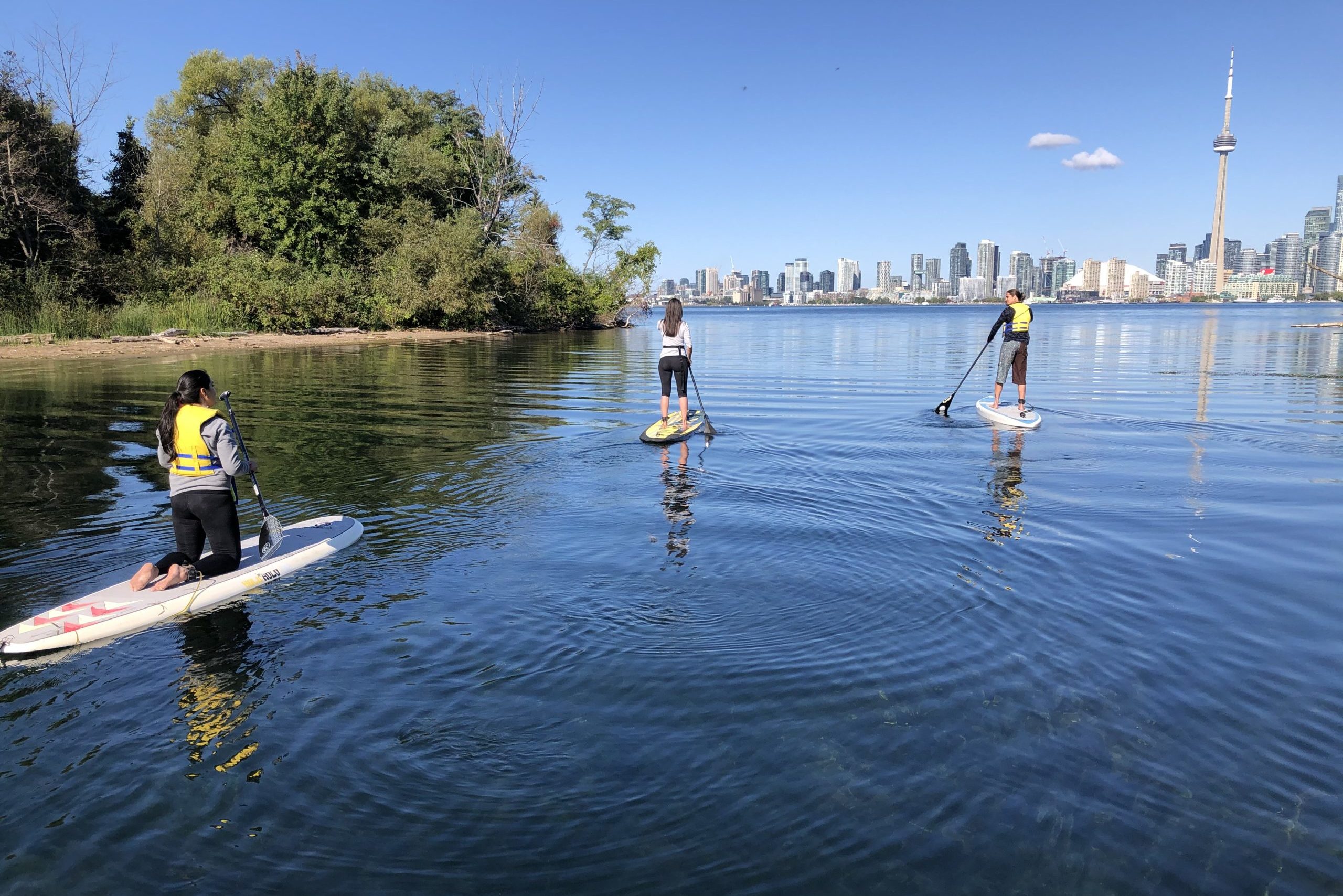 Three paddlers on stand-up boards paddle around Toronto Island with the Toronto skyline in the background.