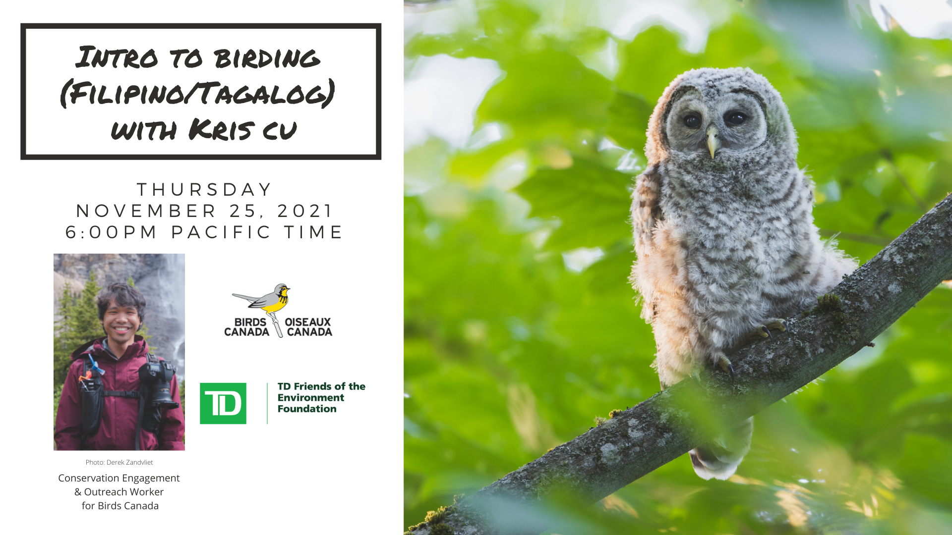 A picture of an Owl with writings in English and Tagalog the text reads "Intro to Birding in Filipino/Tagalog with Kris Cu